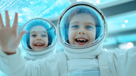 Two children in space suits waving at the camera, AIの素材