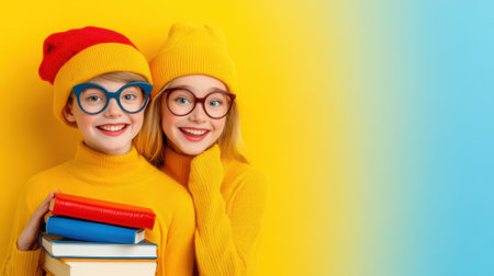 Two children in yellow and blue outfits holding books, AIの素材