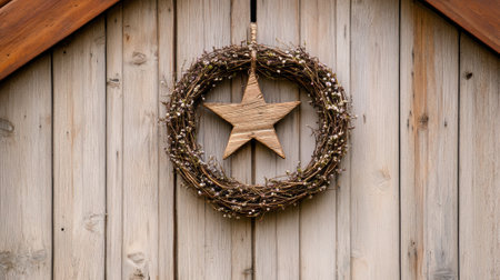 A wreath with a star on the side of wooden building, AIの素材