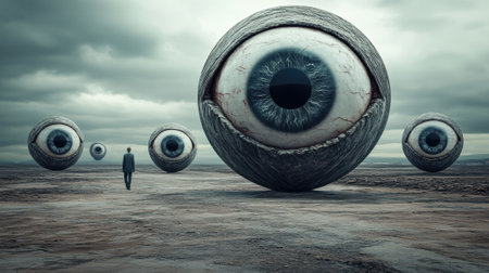 A man walking through a desert with giant eyeballs in the distance, AIの素材