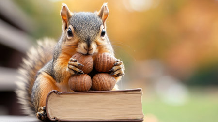 A squirrel holding a book with nuts on its back, AIの素材