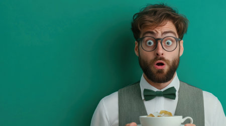 A man in a bow tie holding up a bowl of soup, AIの素材