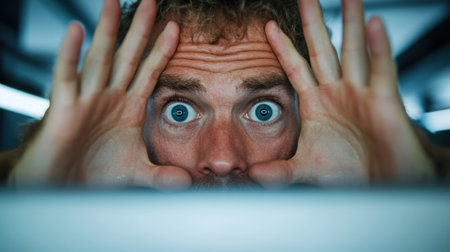 A man with a face covered in his hands and eyes, AIの素材