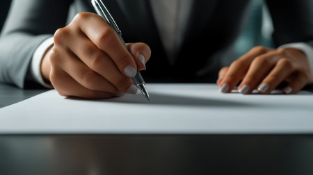 A woman in a suit writing on paper with pen and notepad, AIの素材