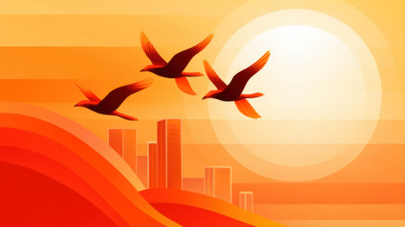 A group of birds flying over a city at sunset, AIの素材