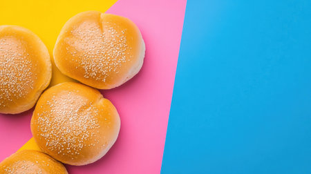 Three buns with sesame seeds on a colorful background, AIの素材