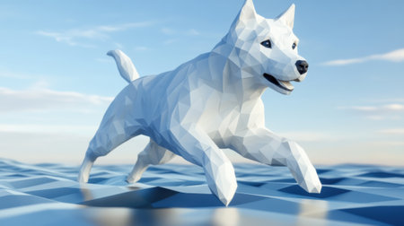 A low polygonal dog running on a blue surface in the ocean, AIの素材