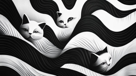 A black and white painting of three cats in a wave pattern, AIの素材