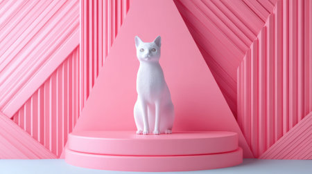 A white cat sitting on a pedestal in front of pink and blue geometric shapes, AIの素材
