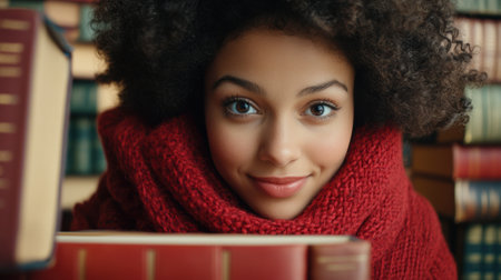 A woman in a red scarf with books behind her, AIの素材