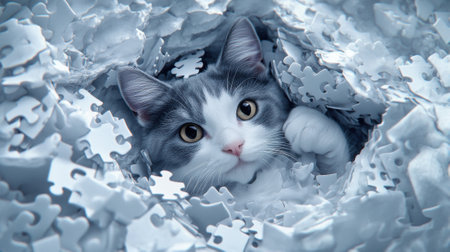 A cat is hiding in a pile of jigsaw pieces, AIの素材