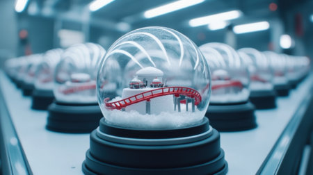A snow globe with a train and red bridge in it, AIの素材