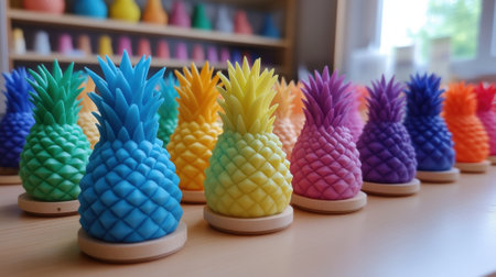 A bunch of colorful pineapples on a table with wooden tops, AIの素材
