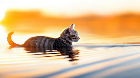 A small kitten sitting in the water with a sunset behind it, AIの素材