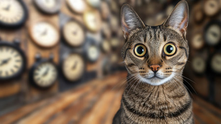 A cat sitting in front of a wall full of clocks, AIの素材