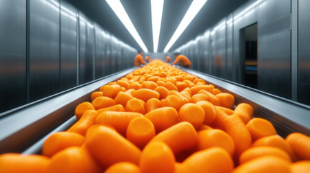 A conveyor belt of carrots on a factory floor with people in the background, AIの素材