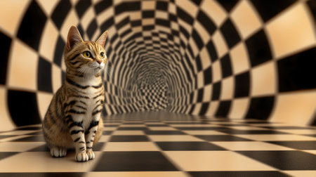 A cat sitting on a checkered floor in front of an optical illusion, AIの素材
