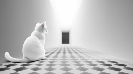 A white cat sitting on a checkered floor looking into the distance, AIの素材