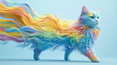 A colorful cat with long flowing hair running on a blue background, AIの素材