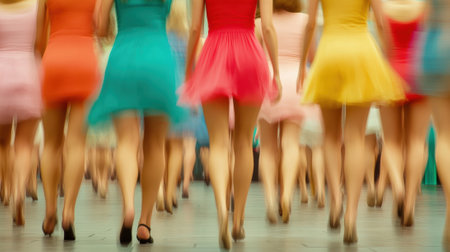 A group of women in colorful dresses walking down a hallway, AIの素材