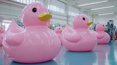 A group of pink rubber ducks sitting in a factory, AIの素材