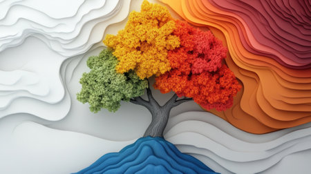 A colorful tree is shown in a paper cutout, AIの素材
