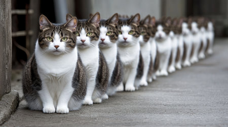A row of cats lined up in a line on the sidewalk, AIの素材