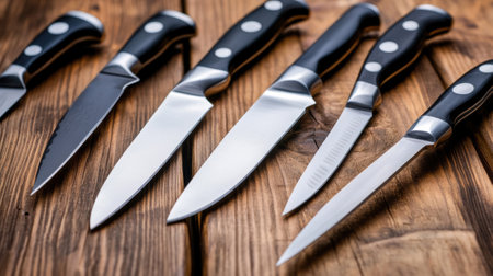 Set of Professional Kitchen Knives on Wooden Surface Displaying Variety and Precision, AIの素材