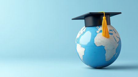 Graduation Cap on Globe Symbolizing Global Education and Learning Opportunities, AIの素材