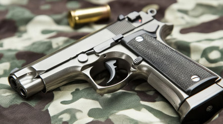 Handgun on Camouflage Fabric with Coins and Cash in Background, AIの素材