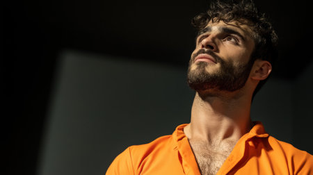 Man in Orange Shirt Looking Upward in Dramatic Lighting, AIの素材