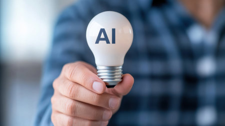Hand Holding Light Bulb with AI Text for Artificial Intelligence Symbolizing Innovation and Technology Concepts, AIの素材