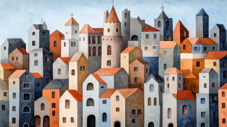 Colorful Abstract Cityscape with Geometric Buildings and Textured Surfaces, AIの素材