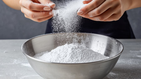 Baker Sifting Flour into Metal Bowl for Perfect Baking Preparation, AIの素材
