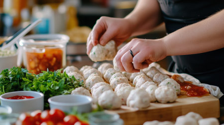 Hands Preparing Homemade Meatballs in a Cozy Kitchen Setting, AIの素材