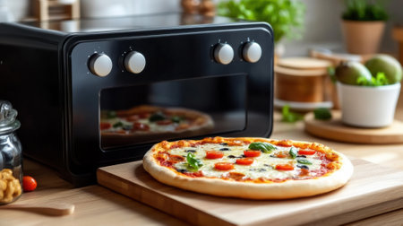 Pizza Freshly Baked in a Modern Kitchen Countertop Oven, AIの素材