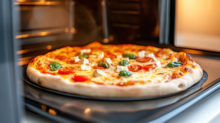 Pizza Baking in Oven with Fresh Toppings and Melted Cheese, AIの素材