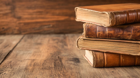 Stack of Vintage Books on Rustic Wooden Table in Warm Ambient Lighting, AIの素材
