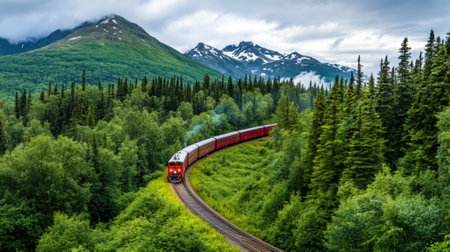 Scenic Train Journey Through Lush Mountainous Landscape with Evergreen Forests, AIの素材