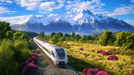 Modern Train Traveling Through Scenic Mountain Landscape with Lush Greenery and Vibrant Flowers, AIの素材