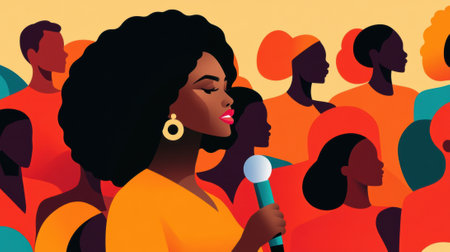 Colorful Illustration of a Confident Woman Speaking to a Diverse Audience, AIの素材