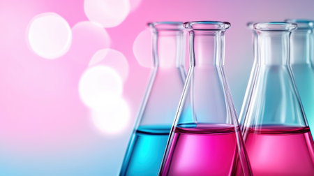 Colorful Laboratory Glassware with Vibrant Liquids in a Scientific Setting, AIの素材