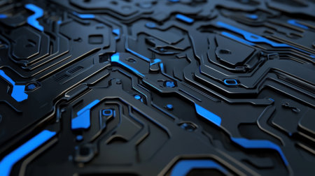 Futuristic Circuit Board Design with Blue Accents and Black Background, AIの素材