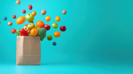 Paper Bag Overflowing with Fresh Fruits and Vegetables Against a Vibrant Blue Background, AIの素材