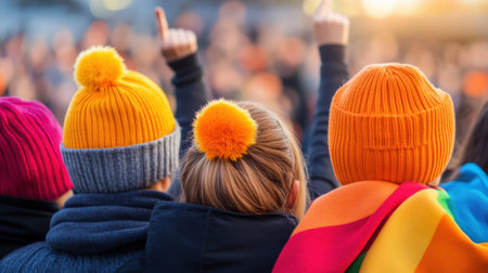 Protesters in Colorful Hats and Rainbow Flag at Outdoor Rally, AIの素材