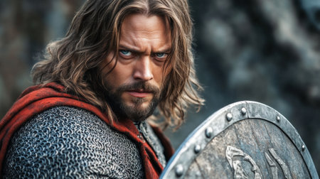 Warrior in Chainmail Armor Holding a Shield with Intense Gaze in Medieval Setting, AIの素材
