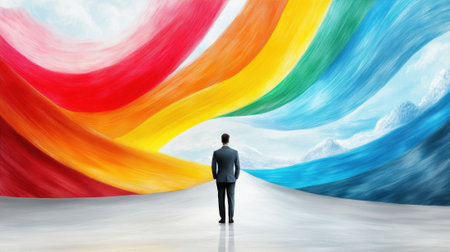 Man Standing Before Vibrant Abstract Pathway of Colorful Swirls in a Surreal Landscape, AIの素材