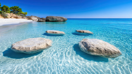 Tranquil Beach Scene with Clear Blue Waters and Large Rocks Under a Bright Sky, AIの素材