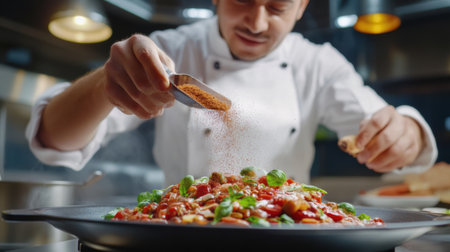 Chef Sprinkling Spices on a Vibrant Dish in a Professional Kitchen Setting, AIの素材
