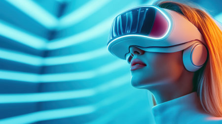 Virtual Reality Experience with Futuristic Headset in Neon Blue Environment, AIの素材